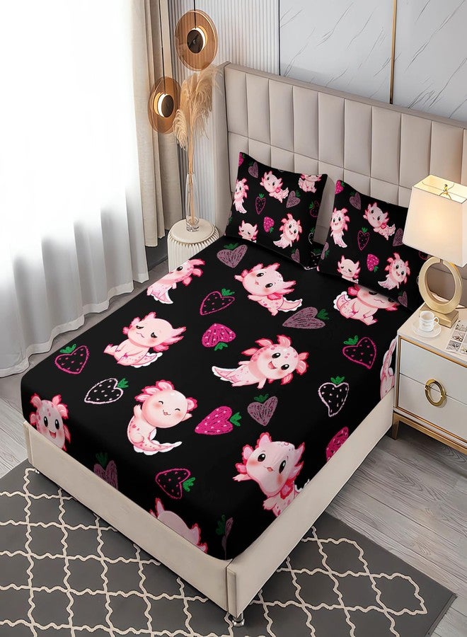 UEVBF Cute Axolotl Bed Set, Full Size Pink Axolotl Strawberry Printed Bedding,1 Fitted Sheet Set + 2 Pillowcases. - Image 2