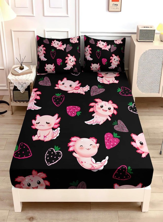 UEVBF Cute Axolotl Bed Set, Full Size Pink Axolotl Strawberry Printed Bedding,1 Fitted Sheet Set + 2 Pillowcases. - Image 1