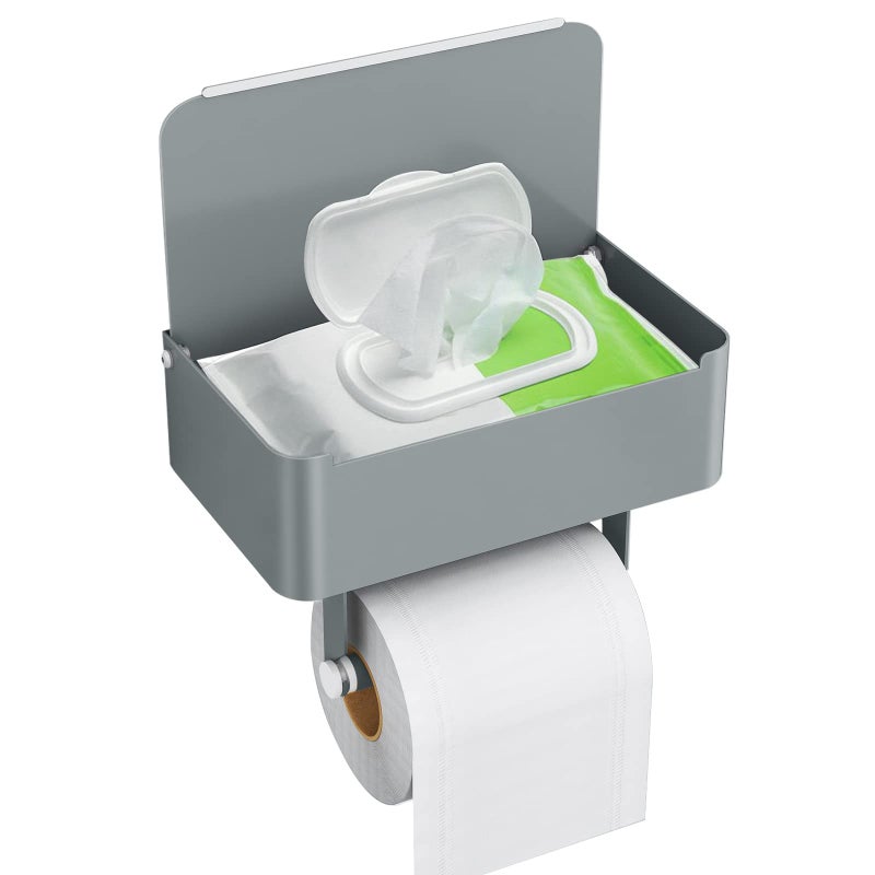JUYSON Toilet Paper Holder with Shelf Flushable Wipes Dispenser Fits for Bathroom Wipe Storage Keep Your Wipes Hidden Out of Sight  SUS304 Stainless Steel Wall Mount Organizer Grey