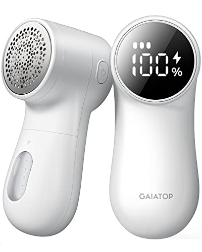 GAIATOP Fabric Shaver Rechargeable Lint Remover 3 Speeds Sweater Defuzzer, Cute Digital Screen Large Storage 6-Leaf Blades, Fuzz Pills Bobbles Trimmer for Clothes Furniture Bedclothes White 1 pcs - Image 1
