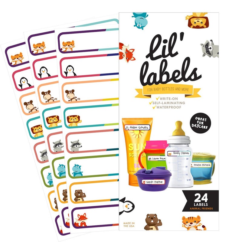 Lil' Labels Bottle Labels, Write-On, Self-Laminating, Waterproof Kids Name Labels for Baby Bottles, Sippy Cup for Daycare School, Dishwasher Safe (Animal Friends), Made in The USA - Image 1