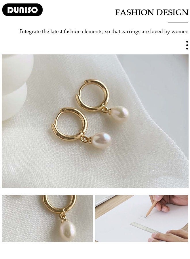 DUNISO Gold Pearl Drop Earrings for Women Freshwater Cultured Pearl Dangle Small Huggies Hoop Earrings, Dainty Fashion Bohemian Earrings for Ladies Birthday Gift - Image 2