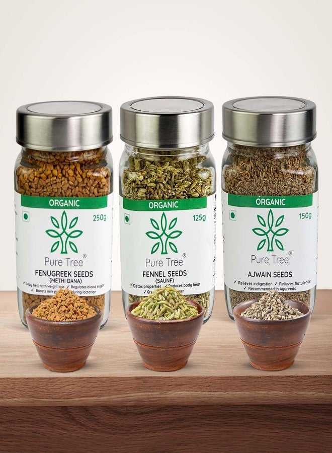 Pure Tree Certified Organic Ajwain 150g, Methi Seeds 250g, Saunf 125g | Glass Jar | Carom, Fenugreek & Fennel | Whole Seeds Vaamu, Methi dana, Variyali Spice Combo Pack - Image 1