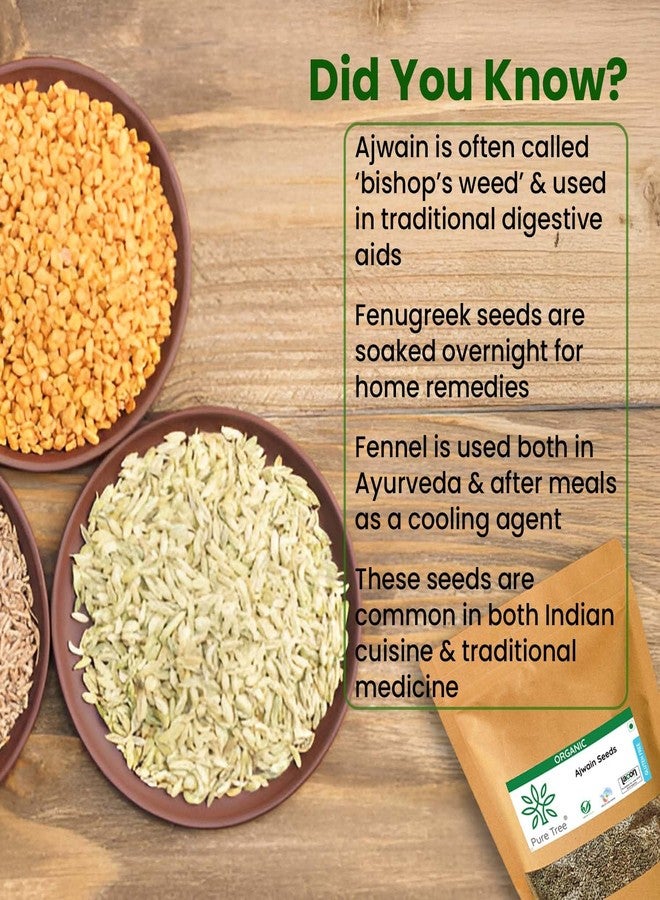 Pure Tree Certified Organic Ajwain 150g, Methi Seeds 250g, Saunf 125g | Glass Jar | Carom, Fenugreek & Fennel | Whole Seeds Vaamu, Methi dana, Variyali Spice Combo Pack - Image 5
