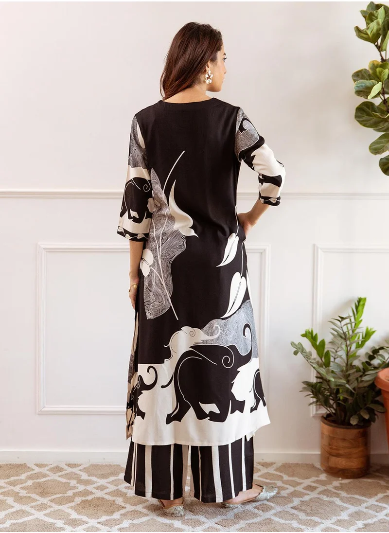 ISHIN Ethnic Motifs Printed Beads And Stones Straight Kurta With Palazzos