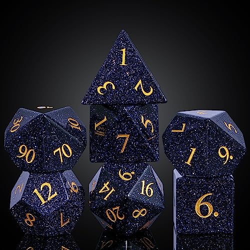 UDIXI Stone DD Dice Set 7PCS Blue Sandstone Gemstone DND Dice with Leather Gift Box for Role Playing Game and Other Tabletop Games - Image 1
