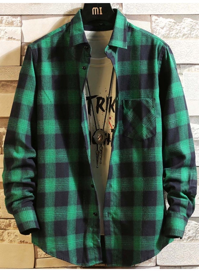 NIBEMINENT Turn Down Collar Plaid Long Sleeve Top Shirt Green