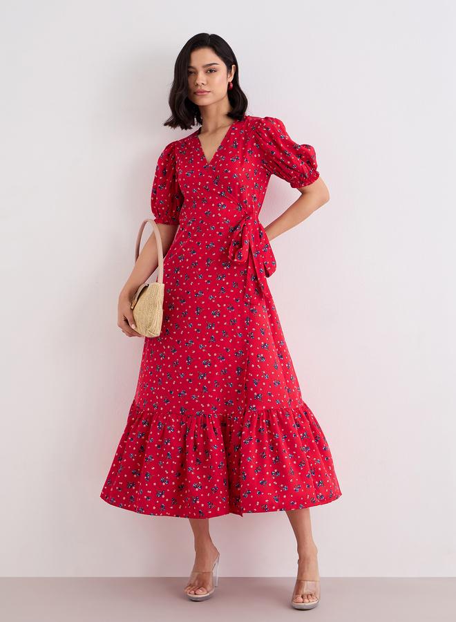 Women Red Floral Print Wrap Midi Dress