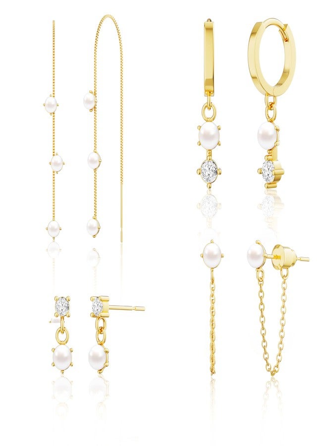 Moodear Pearl Dangle Hoop Earrings for Women - Dainty Hypoallergenic 14K Gold Plated Small Drop Chain Hoops Trendy Earring Sets for Multiple Piercing Jewelry, Brass, No Gemstone - Image 1