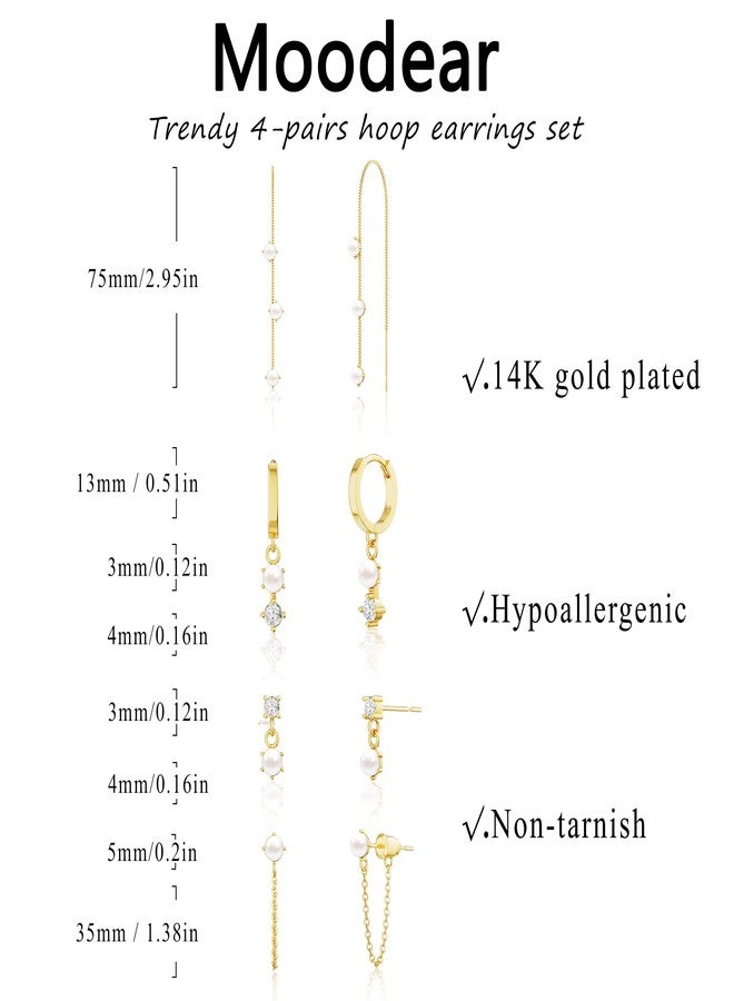 Moodear Pearl Dangle Hoop Earrings for Women - Dainty Hypoallergenic 14K Gold Plated Small Drop Chain Hoops Trendy Earring Sets for Multiple Piercing Jewelry, Brass, No Gemstone - Image 5