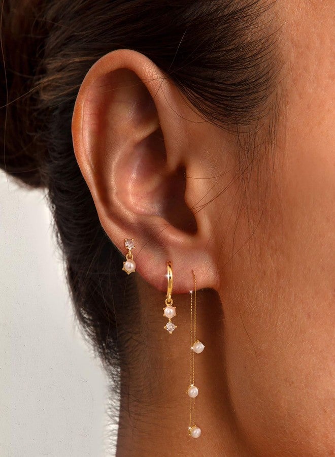 Moodear Pearl Dangle Hoop Earrings for Women - Dainty Hypoallergenic 14K Gold Plated Small Drop Chain Hoops Trendy Earring Sets for Multiple Piercing Jewelry, Brass, No Gemstone - Image 4