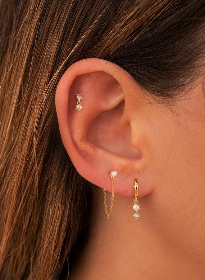 Moodear Pearl Dangle Hoop Earrings for Women - Dainty Hypoallergenic 14K Gold Plated Small Drop Chain Hoops Trendy Earring Sets for Multiple Piercing Jewelry, Brass, No Gemstone - Image 3