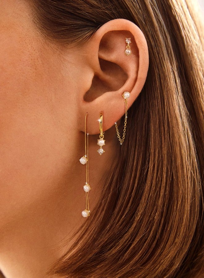 Moodear Pearl Dangle Hoop Earrings for Women - Dainty Hypoallergenic 14K Gold Plated Small Drop Chain Hoops Trendy Earring Sets for Multiple Piercing Jewelry, Brass, No Gemstone - Image 2