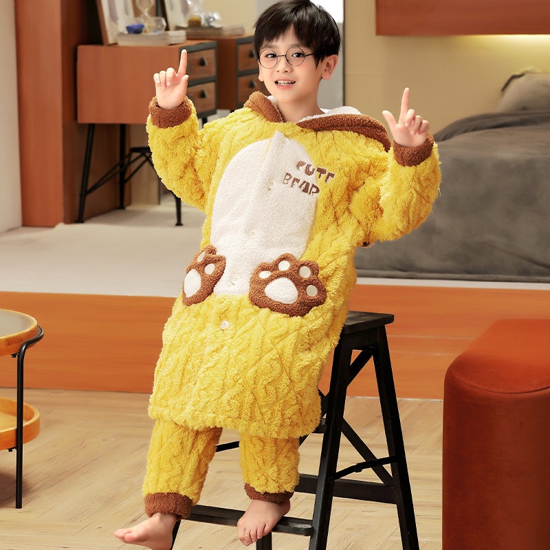 Children'S Nightgown Pajamas Boys And Boys Coral Fleece Three-Layer Quilted Home Clothes Thick Fleece Bathrobe - Image 3