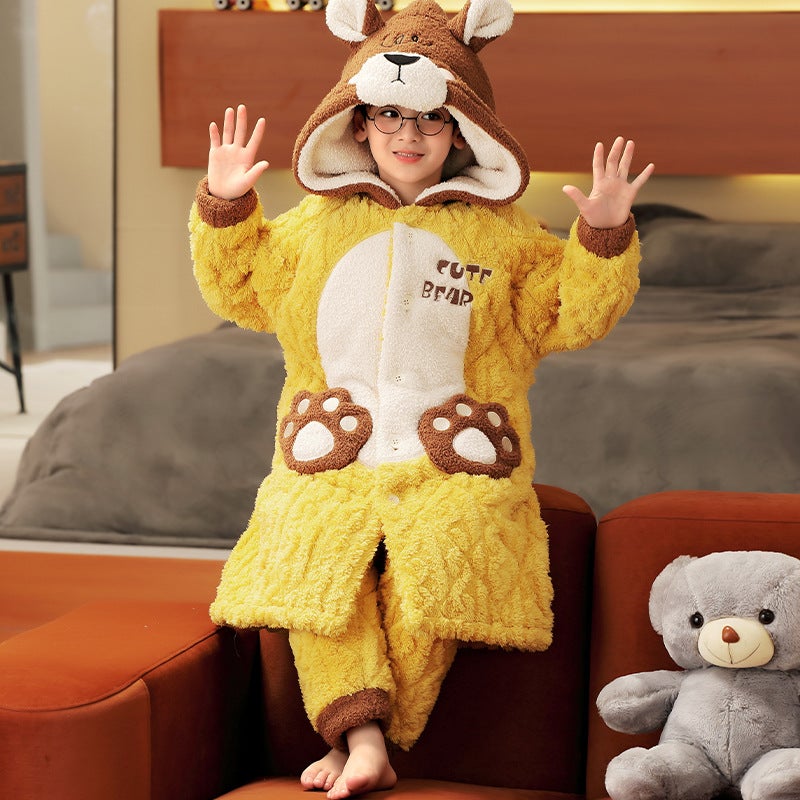 Children'S Nightgown Pajamas Boys And Boys Coral Fleece Three-Layer Quilted Home Clothes Thick Fleece Bathrobe - Image 2