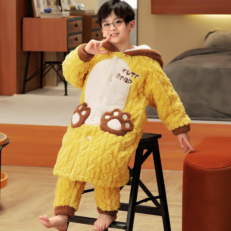 Children'S Nightgown Pajamas Boys And Boys Coral Fleece Three-Layer Quilted Home Clothes Thick Fleece Bathrobe - Image 4