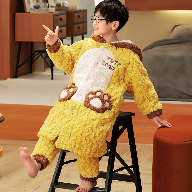 Children'S Nightgown Pajamas Boys And Boys Coral Fleece Three-Layer Quilted Home Clothes Thick Fleece Bathrobe - Image 5