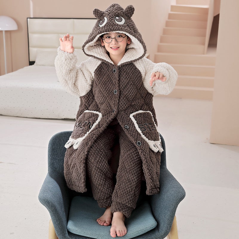 Children'S Nightgown Pajamas Boys And Boys Coral Fleece Three-Layer Quilted Home Clothes Thick Fleece Bathrobe - Image 1