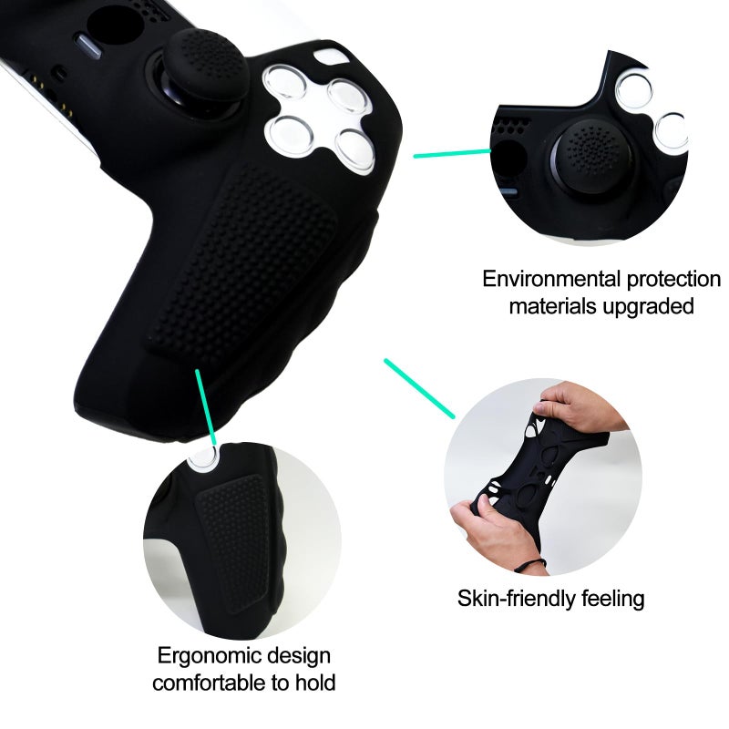 HLRAO Anti-Slip Black PS5 Controller Skin,Soft Thicken Studded Protective Silicone Cover Skin Grips Compatible with PS5/Slim/Pro Controller and 8 PCS Thumb Grips Caps. - Image 2