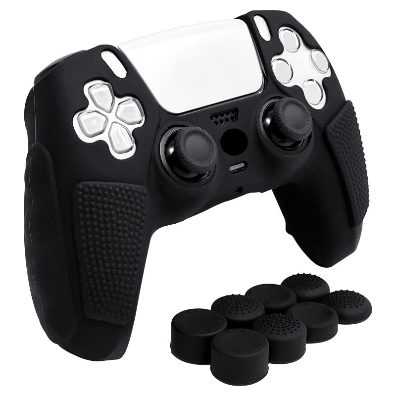 HLRAO Anti-Slip Black PS5 Controller Skin,Soft Thicken Studded Protective Silicone Cover Skin Grips Compatible with PS5/Slim/Pro Controller and 8 PCS Thumb Grips Caps. - Image 1