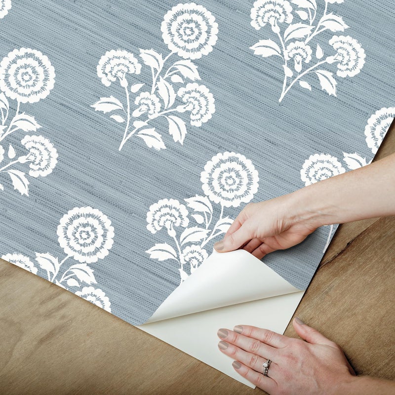 NuWallpaper Flourish Block Print Mineral Blue Faux Grasscloth Peel and Stick Wallpaper, SSS6309 - Image 5