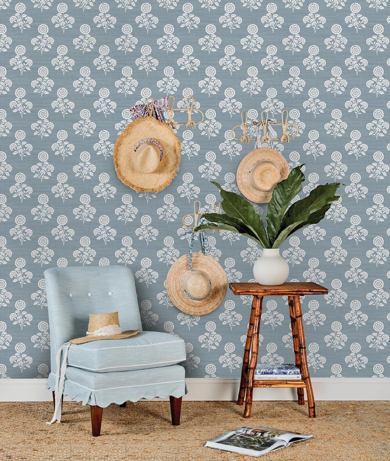 NuWallpaper Flourish Block Print Mineral Blue Faux Grasscloth Peel and Stick Wallpaper, SSS6309 - Image 2