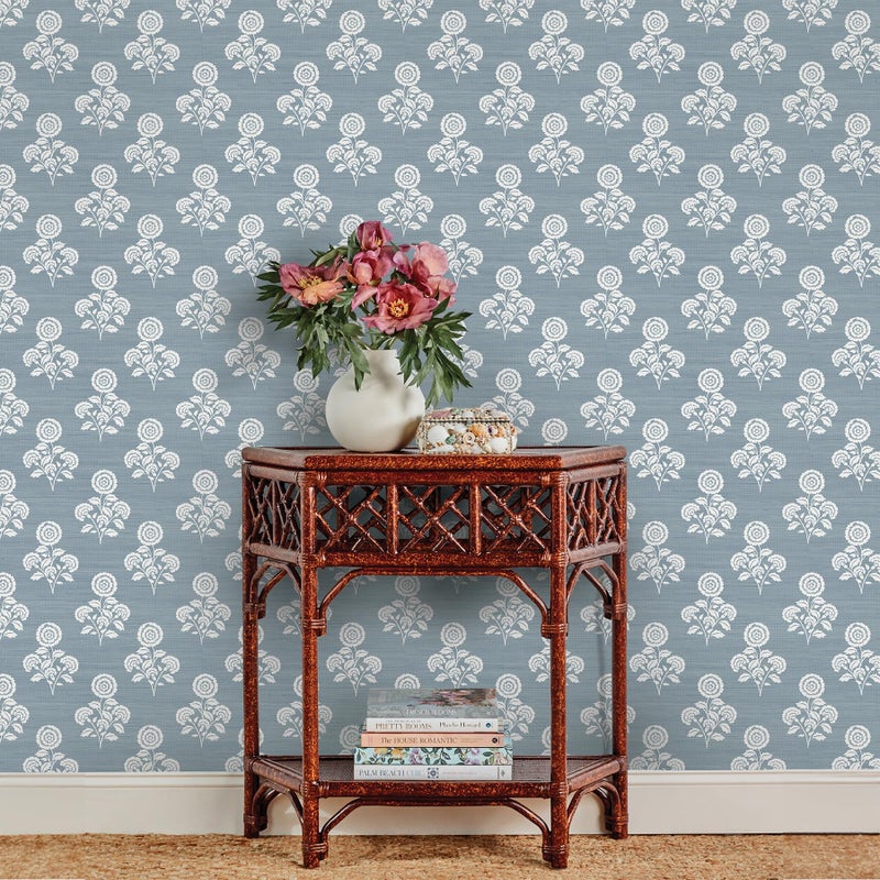 NuWallpaper Flourish Block Print Mineral Blue Faux Grasscloth Peel and Stick Wallpaper, SSS6309 - Image 3