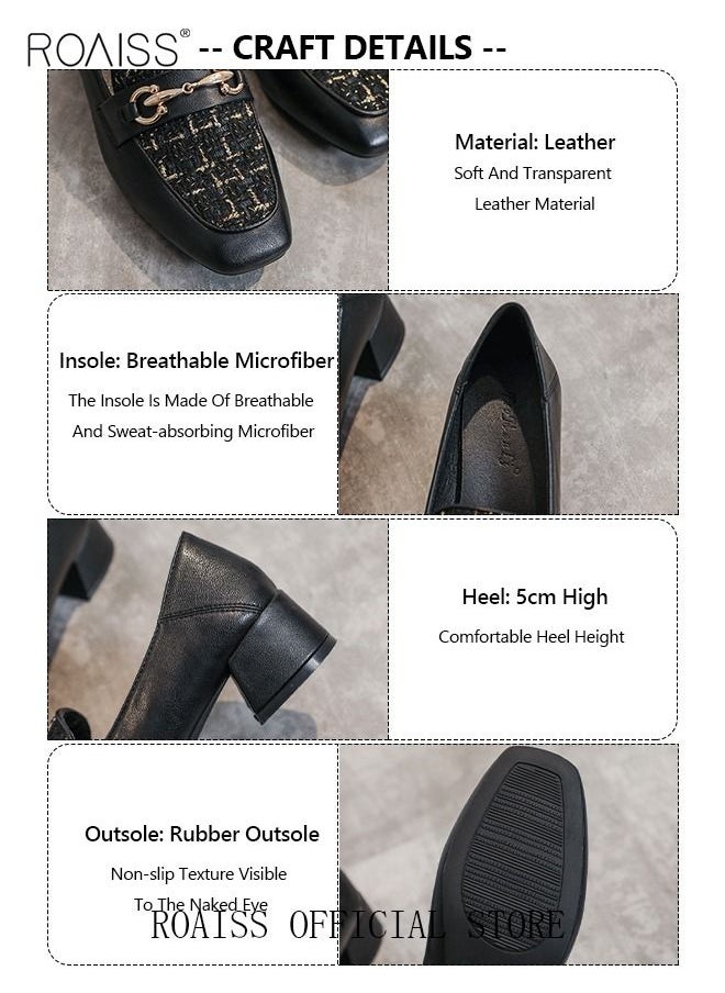 roaiss - Women's Small Leather Shoes Medium Heel Square Toe Loafers Leather Material Rubber Sole - Image 1