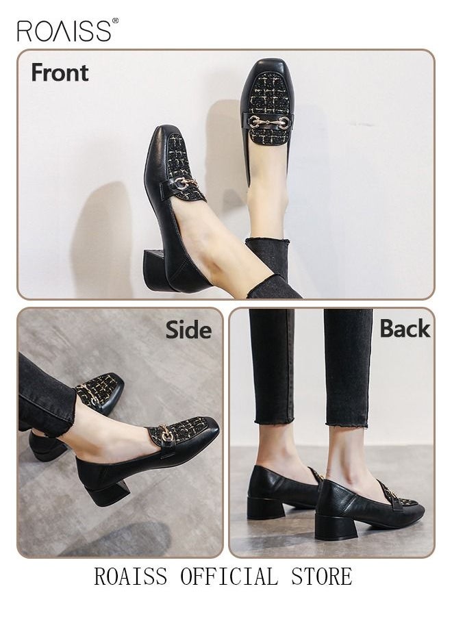 roaiss Women's Small Leather Shoes Medium Heel Square Toe Loafers Leather Material Rubber Sole  - Image 4