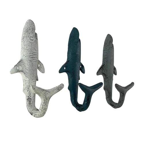 Zeckos Set of 3 Cast Iron Shark Wall Hooks in Blue Gray White 525 Inches High for Indoor Outdoor Use Perfect for Bathrooms Poolside Nautical Themes Beach Homes - Image 3