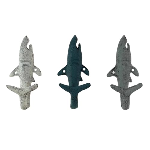 Zeckos Set of 3 Cast Iron Shark Wall Hooks in Blue Gray White 525 Inches High for Indoor Outdoor Use Perfect for Bathrooms Poolside Nautical Themes Beach Homes - Image 1