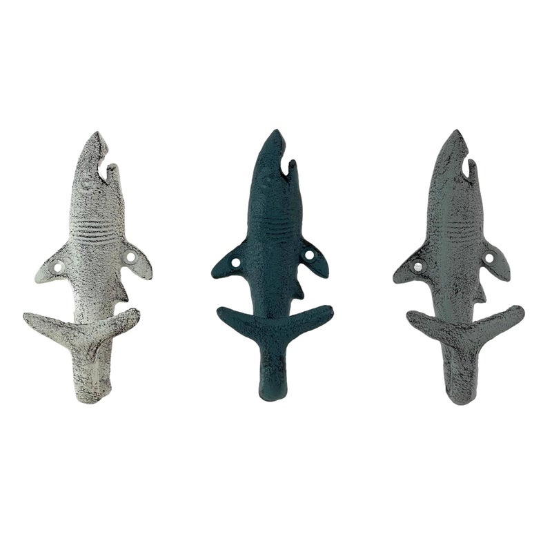 Zeckos Set of 3 Cast Iron Shark Wall Hooks in Blue Gray White 525 Inches High for Indoor Outdoor Use Perfect for Bathrooms Poolside Nautical Themes Beach Homes - Image 2
