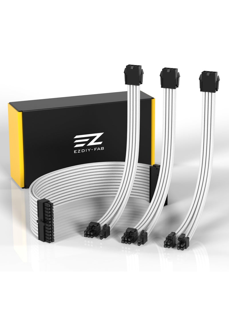 EZDIY-FAB EZDIY-FAB PSU Extension Cable Sleeved Custom Mod PC Power Supply Cable, Soft Nylon Braided with Comb Kit 24PIN/8PIN to 6+2Pin/ 8PIN to 4+4PIN-30CM 300MM - White  - Image 1
