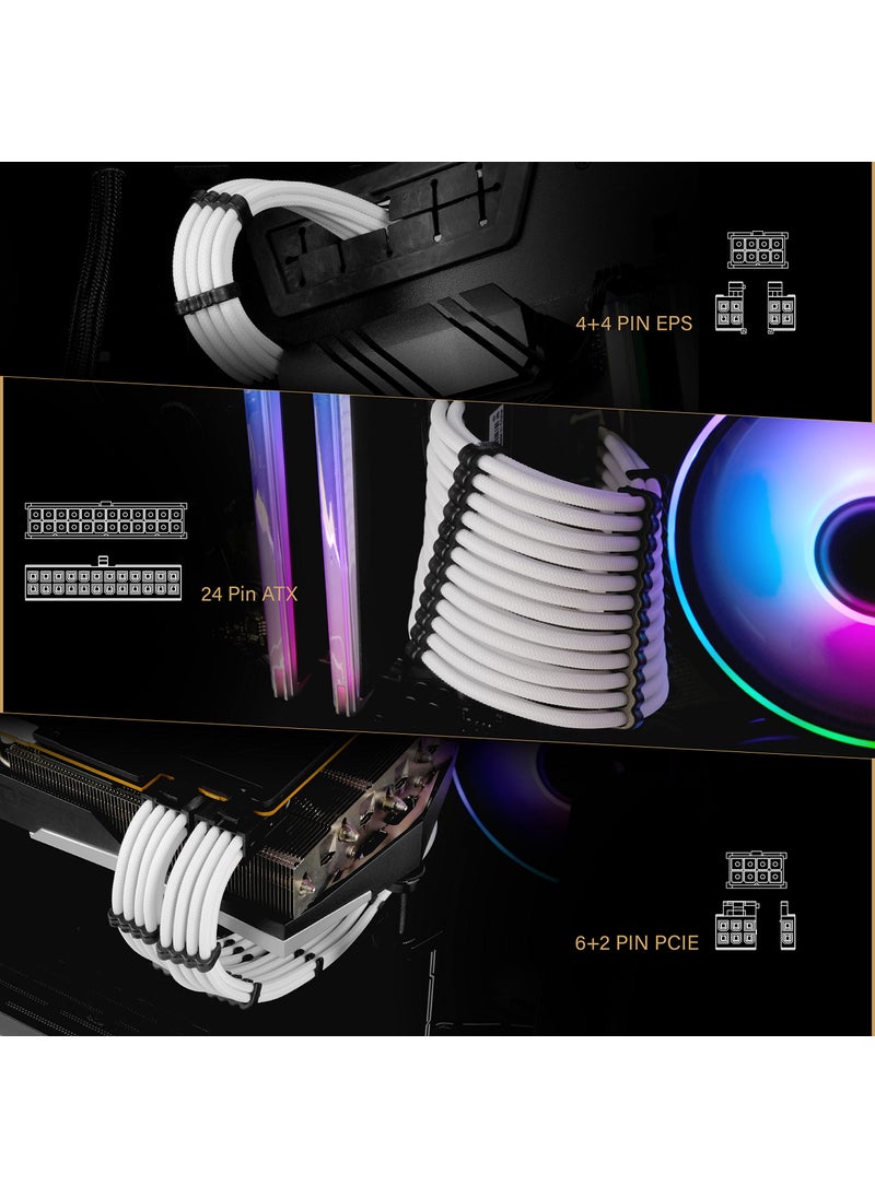 EZDIY-FAB EZDIY-FAB PSU Extension Cable Sleeved Custom Mod PC Power Supply Cable, Soft Nylon Braided with Comb Kit 24PIN/8PIN to 6+2Pin/ 8PIN to 4+4PIN-30CM 300MM - White  - Image 3