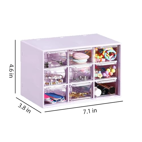 LIPCHEEGO Small Drawer Organizer for Desk, 7.1" x 3. 8" x 4.6" Mini Desktop Drawer Organizer with 9 Clear Drawers, Plastic Desktop Craft Storage Box for Desk Office School Home (Purple) - Image 3