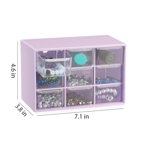 LIPCHEEGO Small Drawer Organizer for Desk, 7.1" x 3. 8" x 4.6" Mini Desktop Drawer Organizer with 9 Clear Drawers, Plastic Desktop Craft Storage Box for Desk Office School Home (Purple) - Image 2