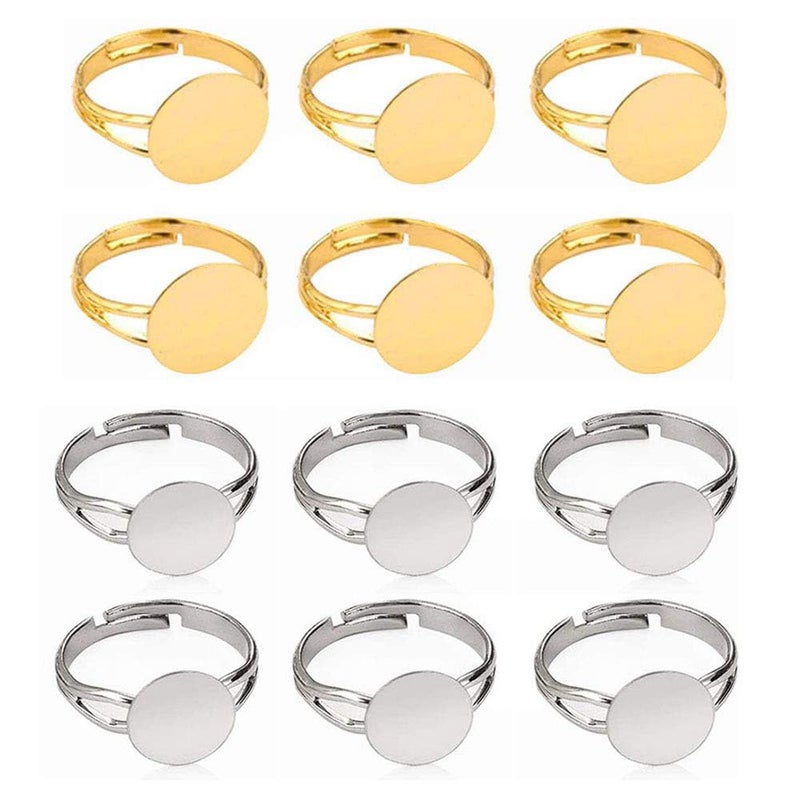LANBEIDE 40 Pcs Blank Rings Silver Plated Adjustable Flat 12mm Ring Base Blank Jewelry Findings GoldSilver