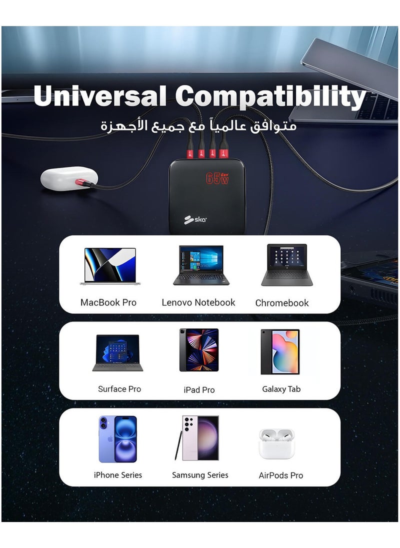 SKA - 65W GaN Laptop Charger, Fast Charger – 4-Port USB C Power Adapter (2 USB-C + 2 USB-A), PD Fast Charging for Laptops, MacBook, iPhone 16/15, Samsung S24 Ultra, iPad, Steam Deck - Image 1
