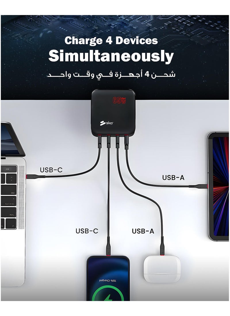 SKA - 65W GaN Laptop Charger, Fast Charger – 4-Port USB C Power Adapter (2 USB-C + 2 USB-A), PD Fast Charging for Laptops, MacBook, iPhone 16/15, Samsung S24 Ultra, iPad, Steam Deck - Image 1