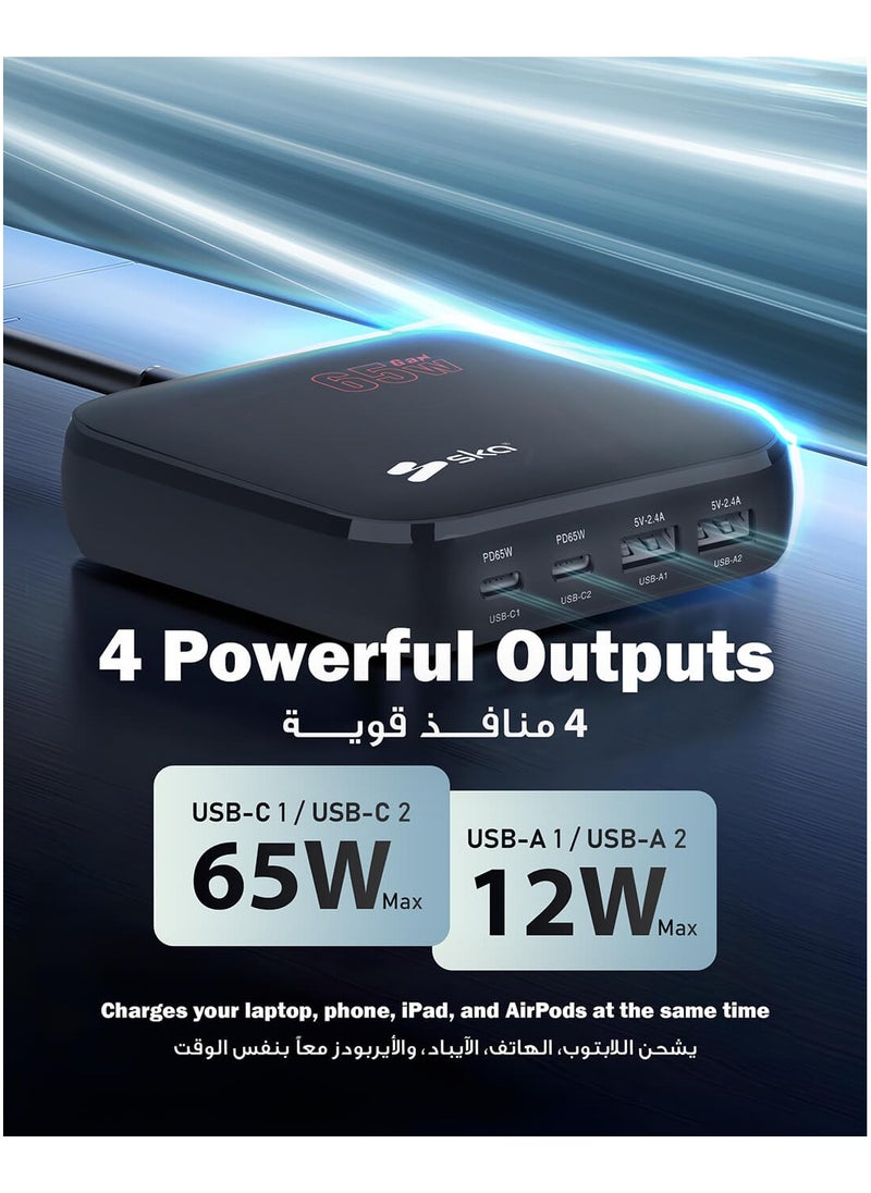 SKA - 65W GaN Laptop Charger, Fast Charger – 4-Port USB C Power Adapter (2 USB-C + 2 USB-A), PD Fast Charging for Laptops, MacBook, iPhone 16/15, Samsung S24 Ultra, iPad, Steam Deck - Image 1