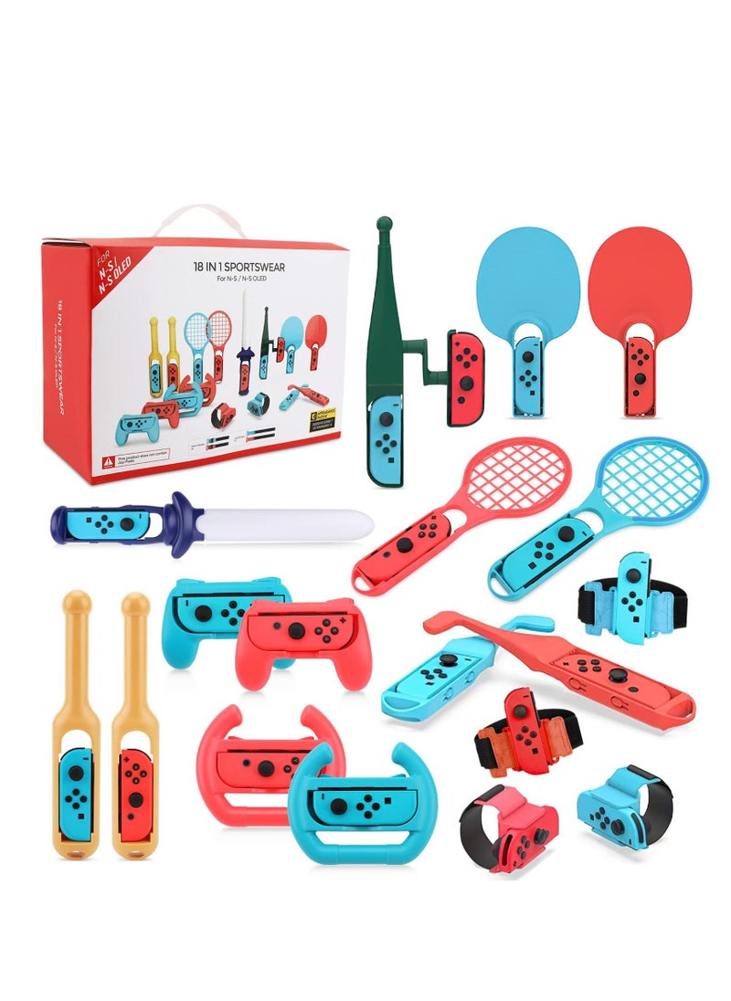 18 in 1 Switch Sport Games Accessories Bundle for Nintendo Switch Games, Family Bundle Accessory Kit with Tennis Racket Controller Grips Racing Wheel Bandage Golf Club Wheels Drum Stick Fishing Rod - Image 1