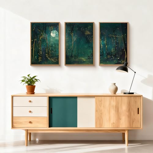 Aryroi Large Vintage Moon and Star Forest Framed Canvas Wall Art,Mystical Night Sky Scenery Wall Decor,Moody Tree Landscape Artwork,Magical Midnight Art Print for Living Room,Bedroom,Office- 16"x24"x3 - Image 3