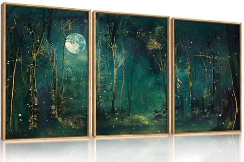 Aryroi Large Vintage Moon and Star Forest Framed Canvas Wall Art,Mystical Night Sky Scenery Wall Decor,Moody Tree Landscape Artwork,Magical Midnight Art Print for Living Room,Bedroom,Office- 16"x24"x3 - Image 1