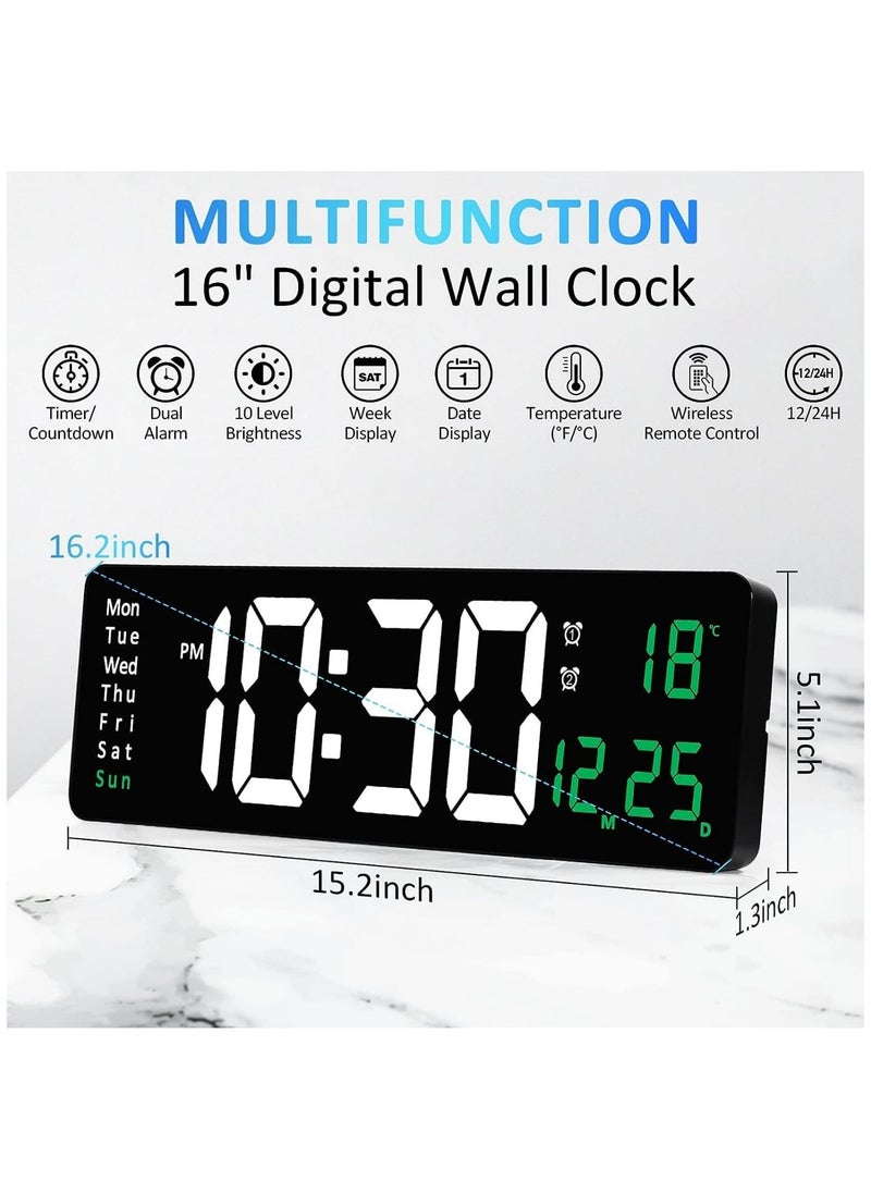 SKY-TOUCH - 16” Large Display Wall Clock with Remote Control and Automatic LED Brightness Dimmer with Date, Week and Temperature - Image 1