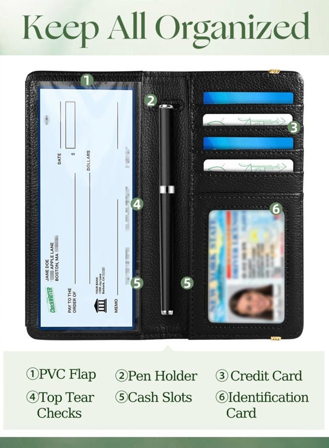 Slohif Checkbook Cover for Personal Duplicate Checks - Women Check Book Wallet Holder Top Side Tear, Black Flowers - Image 3