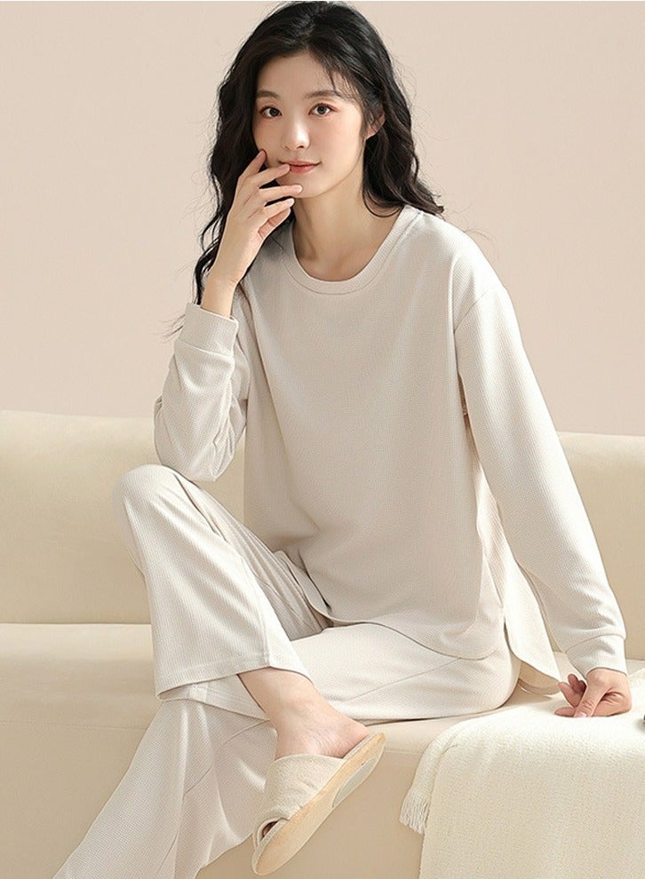 Loquat Women's Solid Color 2-Piece Set  Leisure Nightgown Sleepwear Round Neck Long Sleeve Top And Pants Soft Loungewear Pajamas Suit Creamy White 