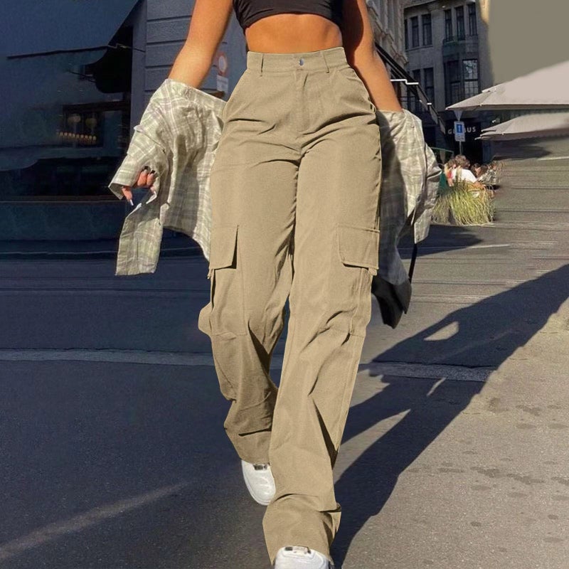 Women's Street Style Multi-Pocket Cargo Straight Leg Pants High Waist Loose Fit Trousers
