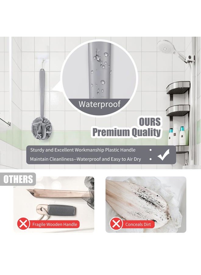 VANZAVANZU Loofah Sponge Set Back Scrubber for Shower, Anti-Slip Plastic 17" Handle Loofah on a Stick with Fluffy Shower Sponge, PE Soft Mesh Shower Loofahs-Gray with White Edge - Image 2