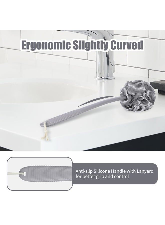 VANZAVANZU Loofah Sponge Set Back Scrubber for Shower, Anti-Slip Plastic 17" Handle Loofah on a Stick with Fluffy Shower Sponge, PE Soft Mesh Shower Loofahs-Gray with White Edge - Image 4