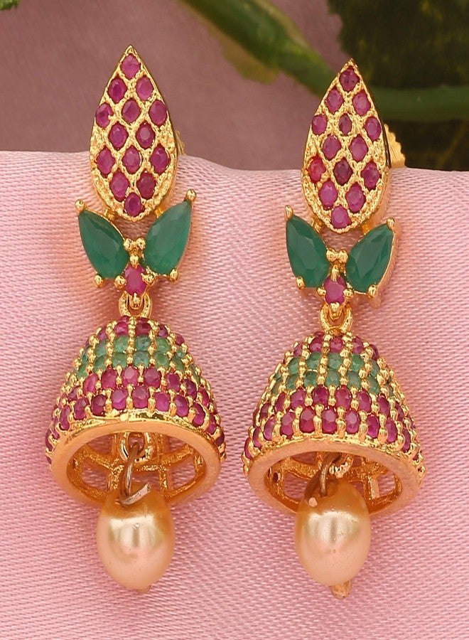 Sasitrends Metal Gold Plated and American Diamond Green Jhumki Earrings for Women and Girls - Image 4